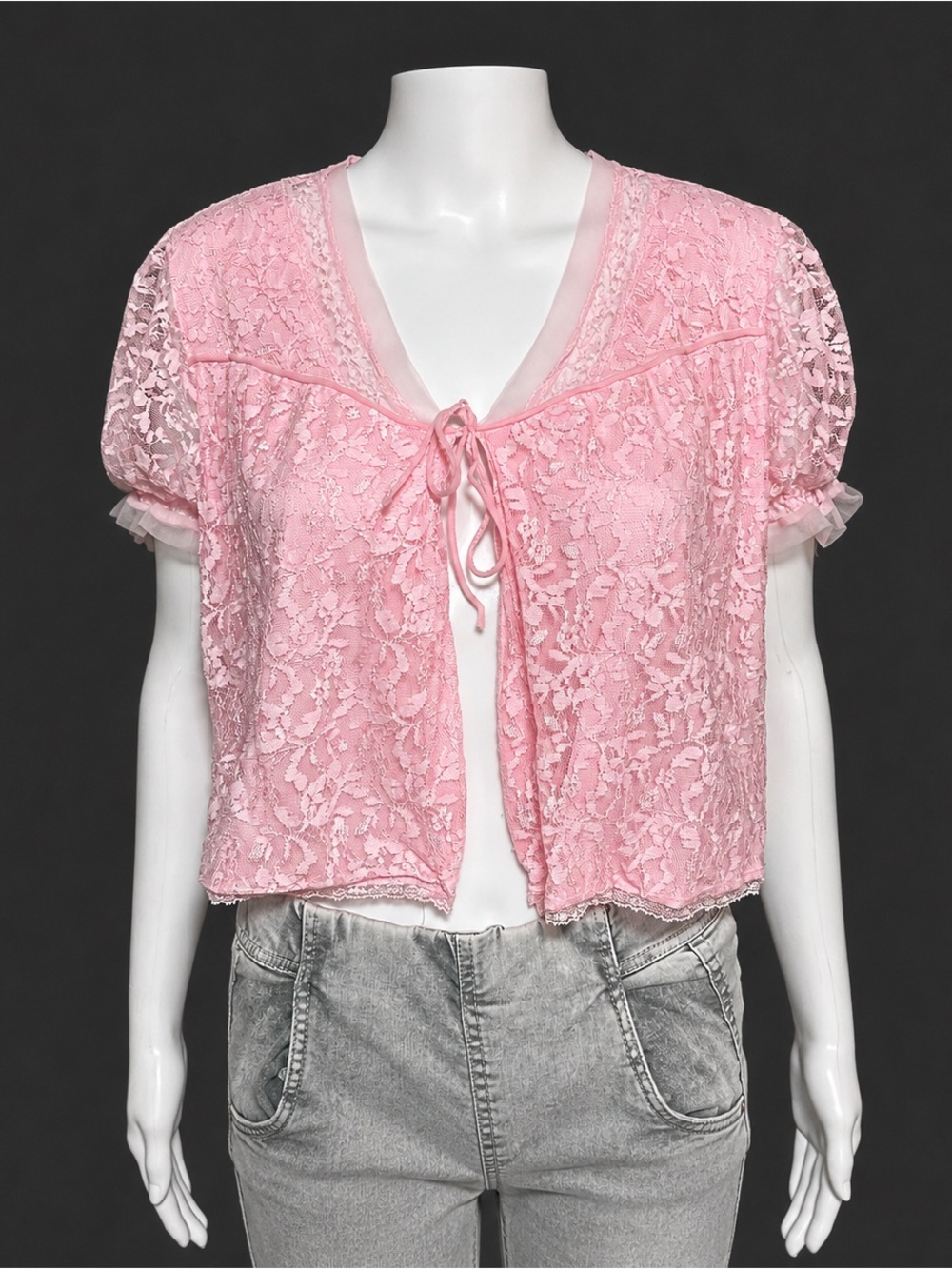 Vintage Pink Lace Bed Jacket Tie Front Cropped Lounge Top Size Large USA